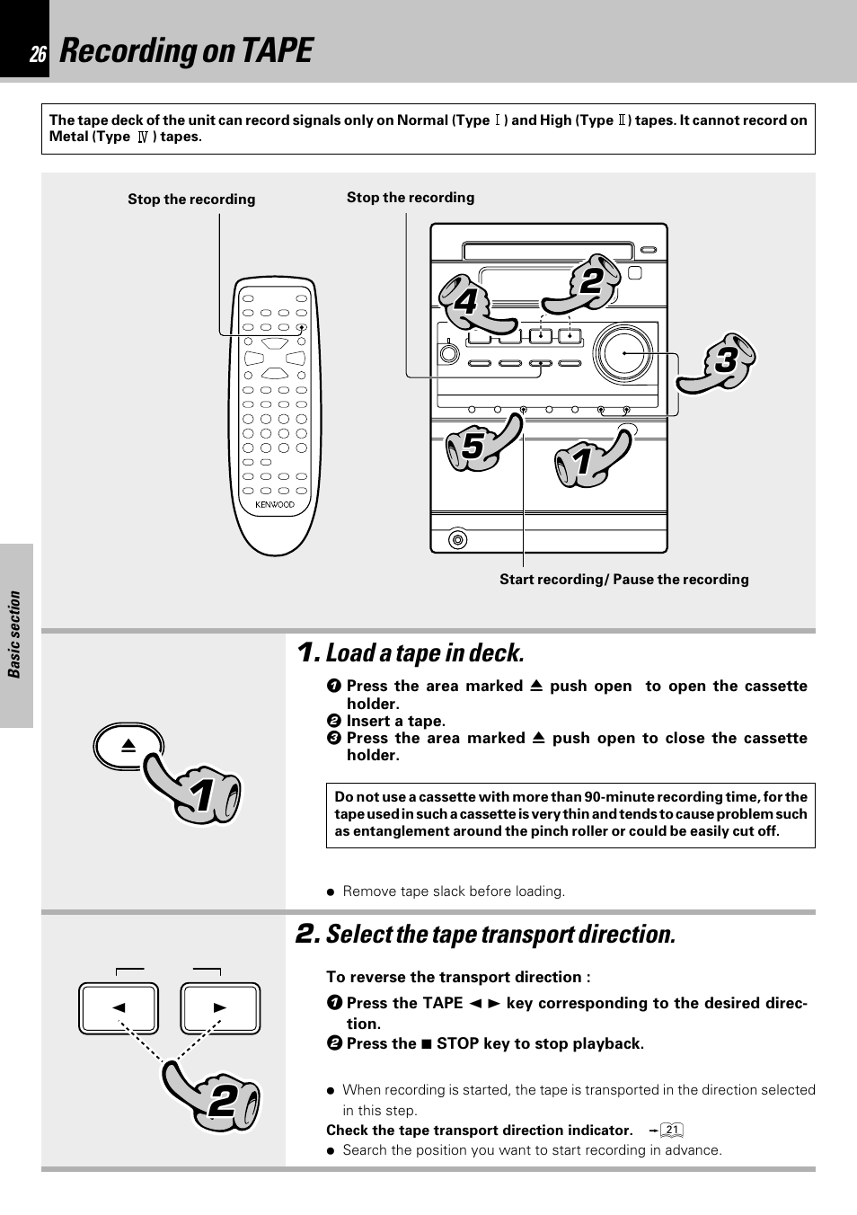 Recording on tape | Kenwood HM-353V User Manual | Page 26 / 56