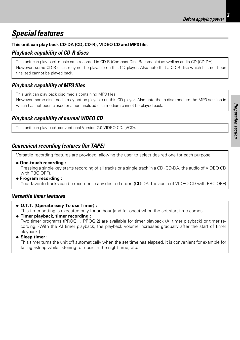 Special features, Versatile timer features, Convenient recording features (for tape) | Playback capability of cd-r discs, Playback capability of normal video cd, Playback capability of mp3 files | Kenwood HM-353V User Manual | Page 3 / 56