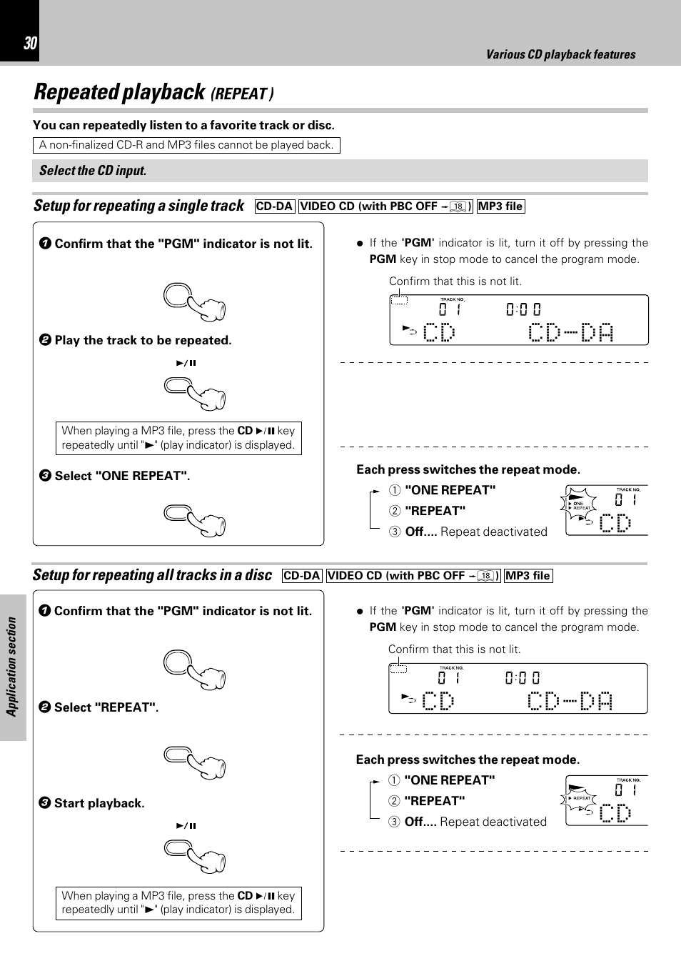 Repeated playback (repeat ), Repeated playback, Setup for repeating a single track | Setup for repeating all tracks in a disc, Repeat ) | Kenwood HM-353V User Manual | Page 30 / 56