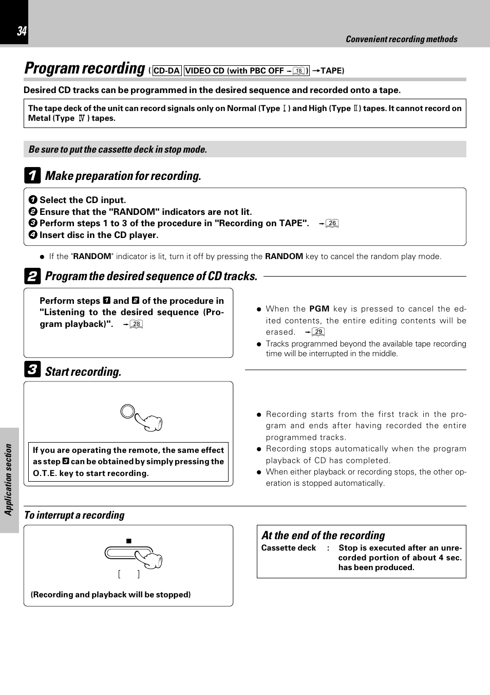 Program recording, Make preparation for recording, Program the desired sequence of cd tracks | Start recording, At the end of the recording | Kenwood HM-353V User Manual | Page 34 / 56