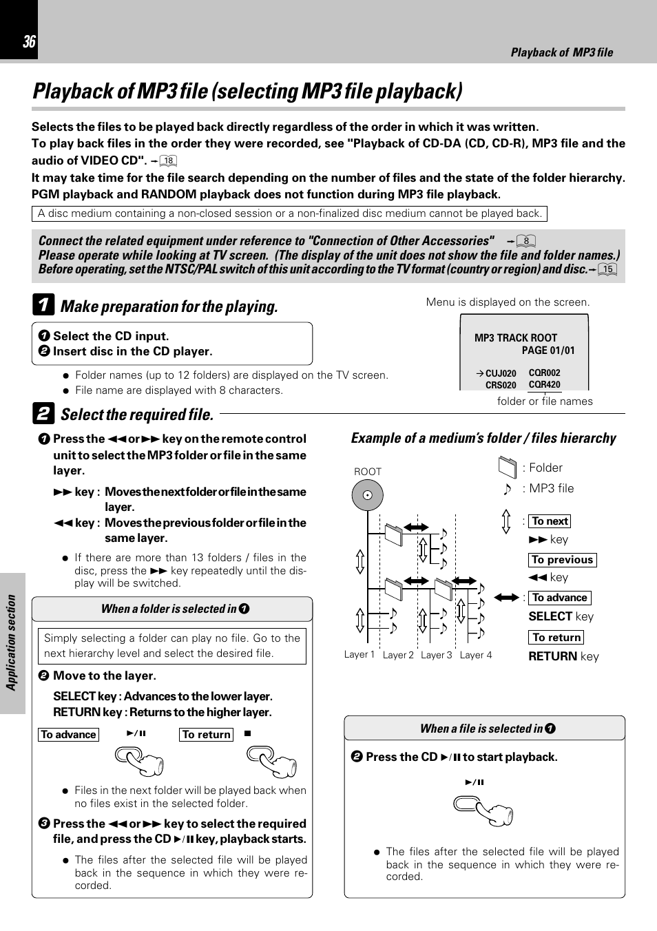 Playback of mp3 file (selecting mp3 file playback), Example of a medium’s folder / files hierarchy | Kenwood HM-353V User Manual | Page 36 / 56