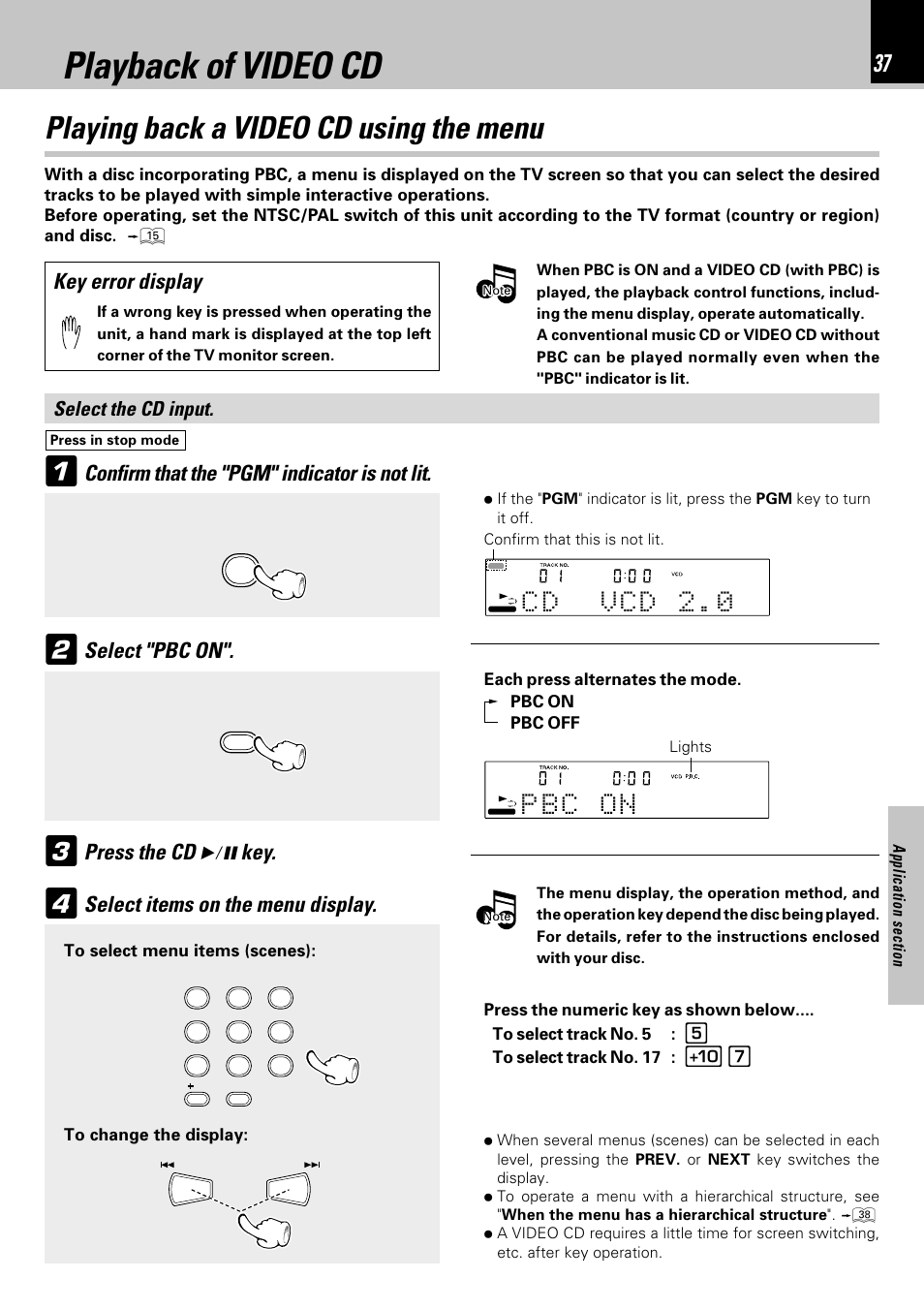 Playback of video cd, Playing back a video cd using the menu, Key error display | Press the cd 6 key, Select items on the menu display, Select the cd input | Kenwood HM-353V User Manual | Page 37 / 56