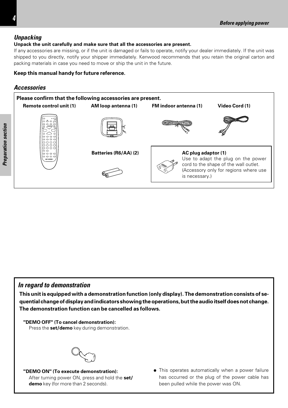 Accessories, Unpacking | Kenwood HM-353V User Manual | Page 4 / 56