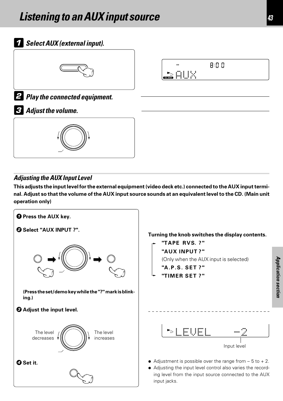 Listening to an aux input source, A u x | Kenwood HM-353V User Manual | Page 43 / 56