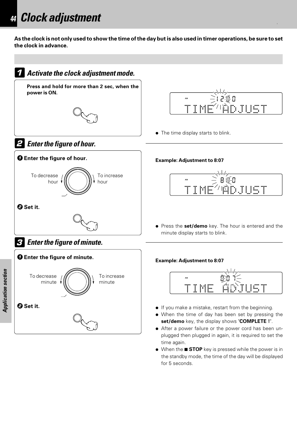 Clock adjustment, Enter the figure of hour, Activate the clock adjustment mode | Enter the figure of minute | Kenwood HM-353V User Manual | Page 44 / 56