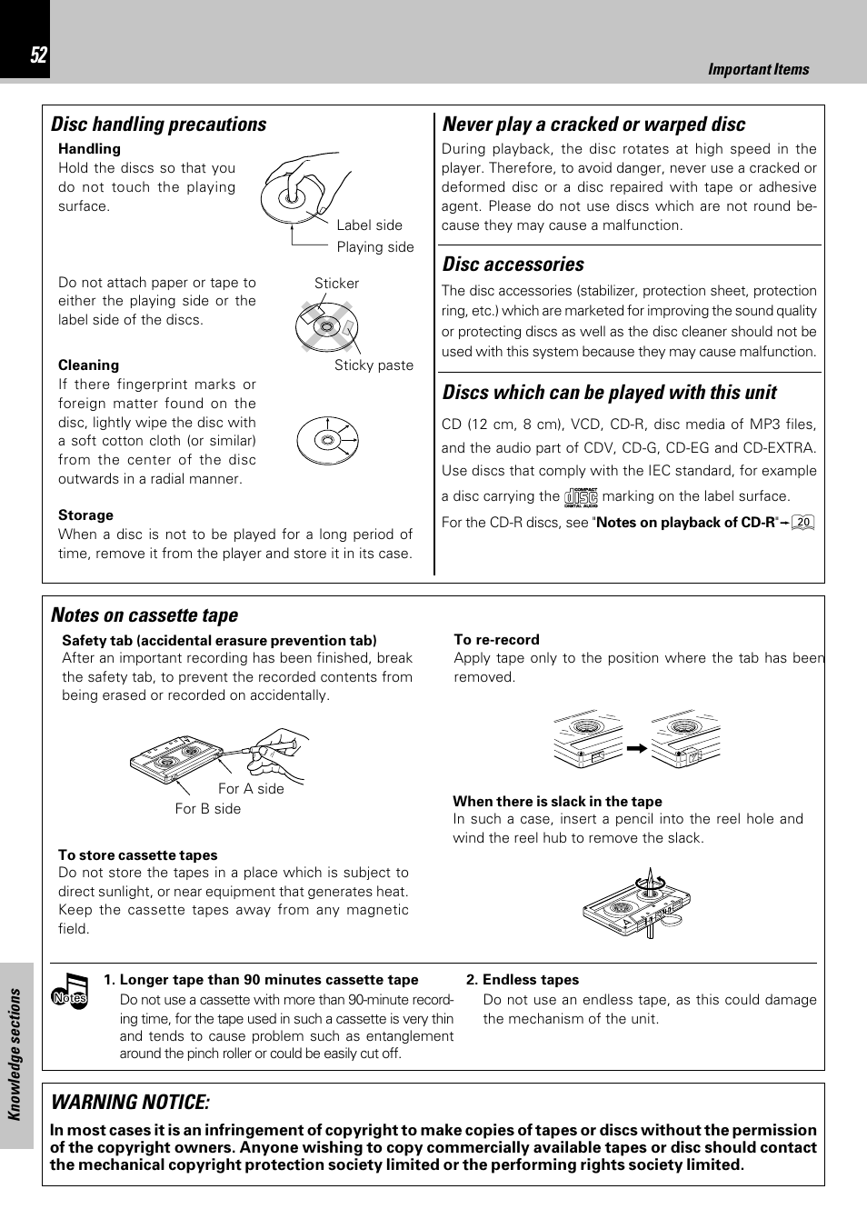 Never play a cracked or warped disc, Disc handling precautions, Warning notice | Kenwood HM-353V User Manual | Page 52 / 56