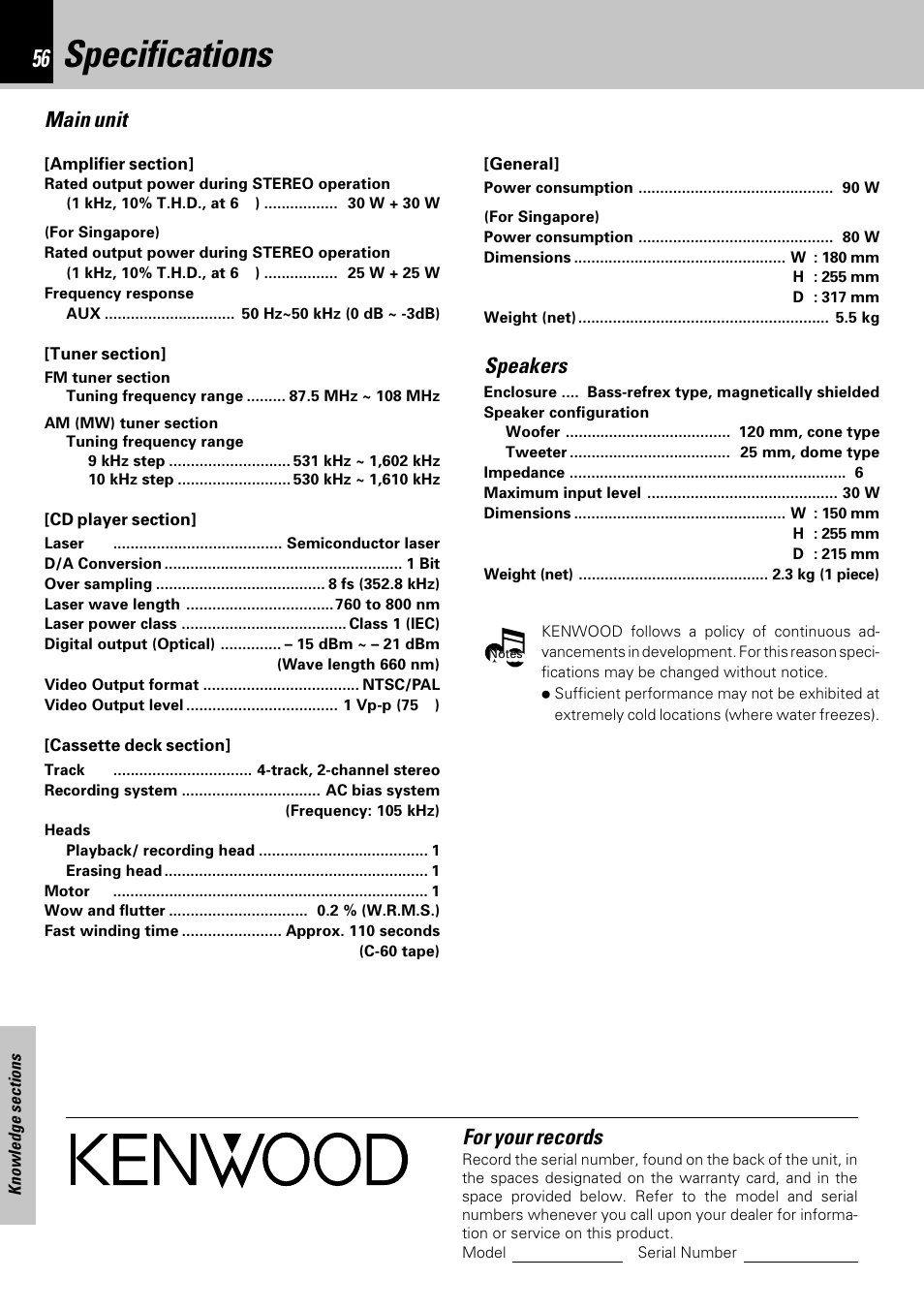 Specifications, Main unit, Speakers | For your records | Kenwood HM-353V User Manual | Page 56 / 56