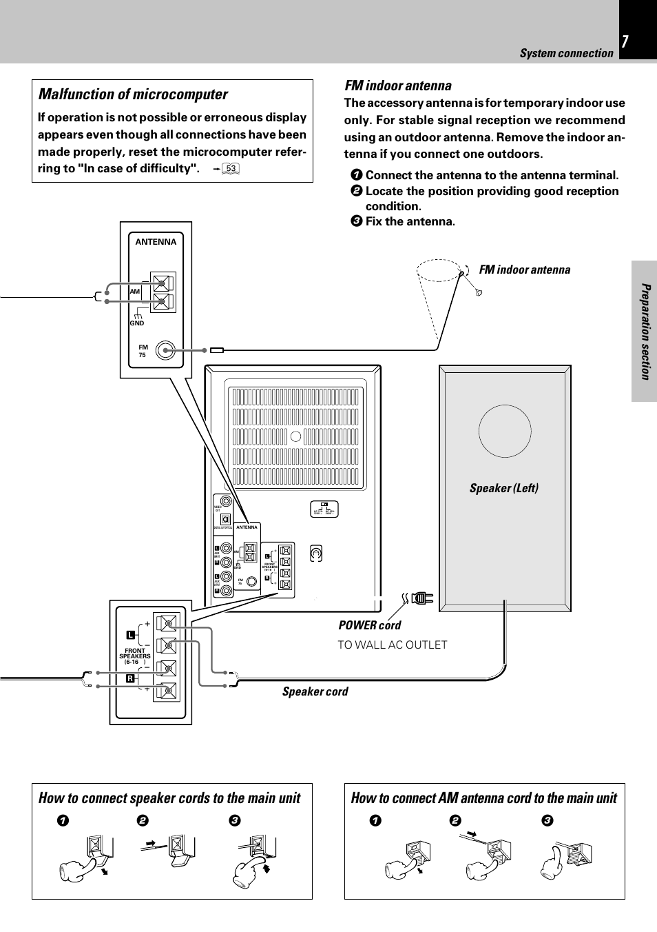 How to connect am antenna cord to the main unit, Fm indoor antenna, System connection | Connect the antenna to the antenna terminal, Fix the antenna | Kenwood HM-353V User Manual | Page 7 / 56