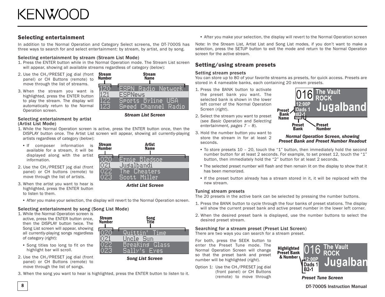 Selecting entertainment, Setting/using stream presets | Kenwood DT-7000S User Manual | Page 8 / 16