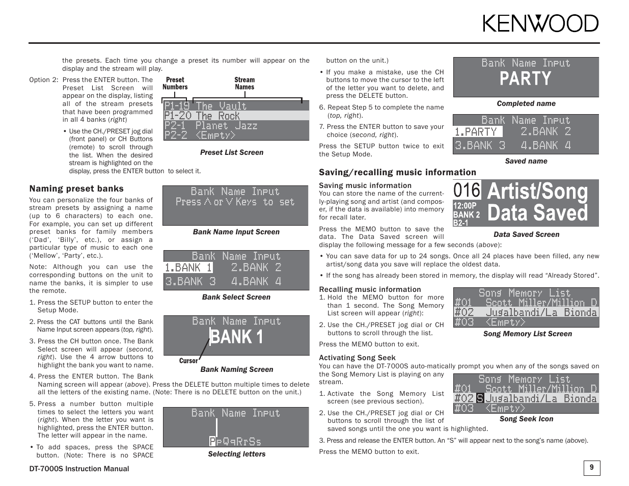 Naming preset banks, Saving/recalling music information | Kenwood DT-7000S User Manual | Page 9 / 16