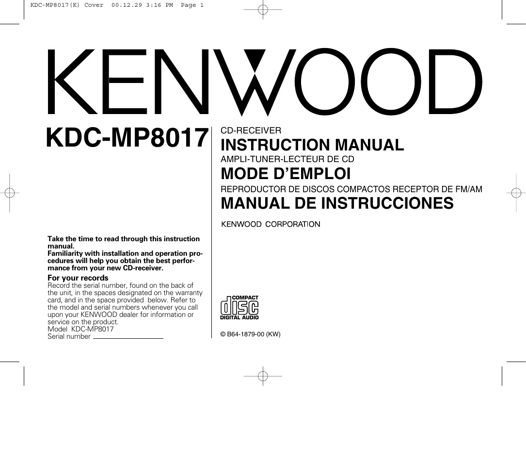 Kenwood KDC-MP8017 User Manual | 41 pages