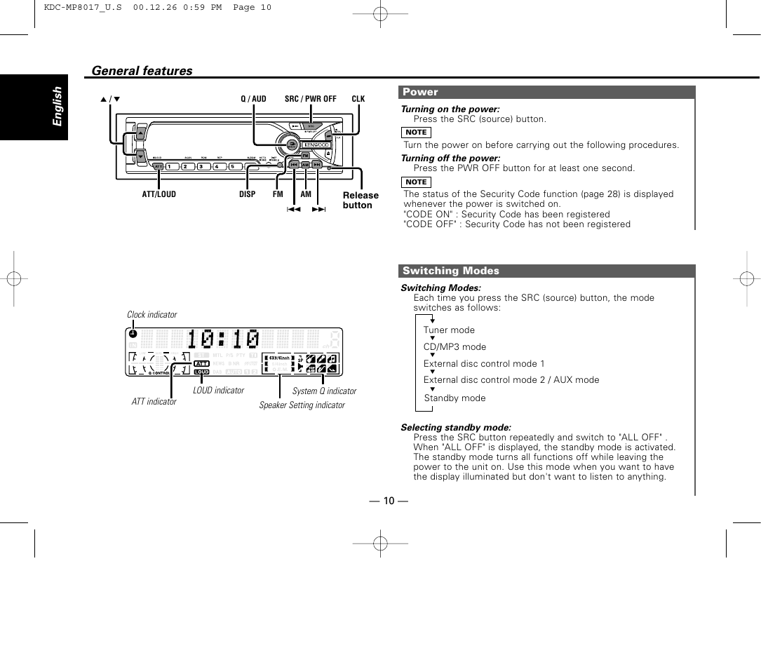 General features, Power, Switching modes | English | Kenwood KDC-MP8017 User Manual | Page 10 / 41