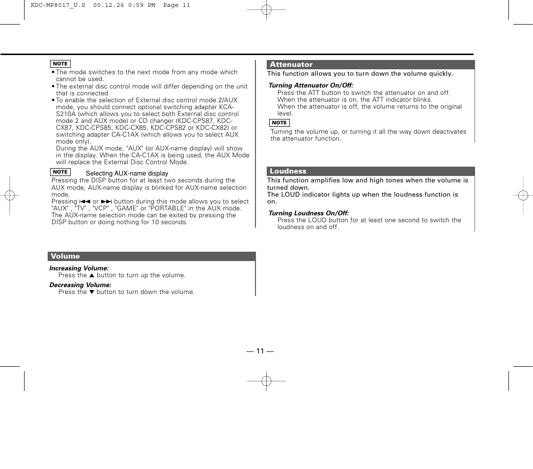 Volume, Attenuator, Loudness | Kenwood KDC-MP8017 User Manual | Page 11 / 41