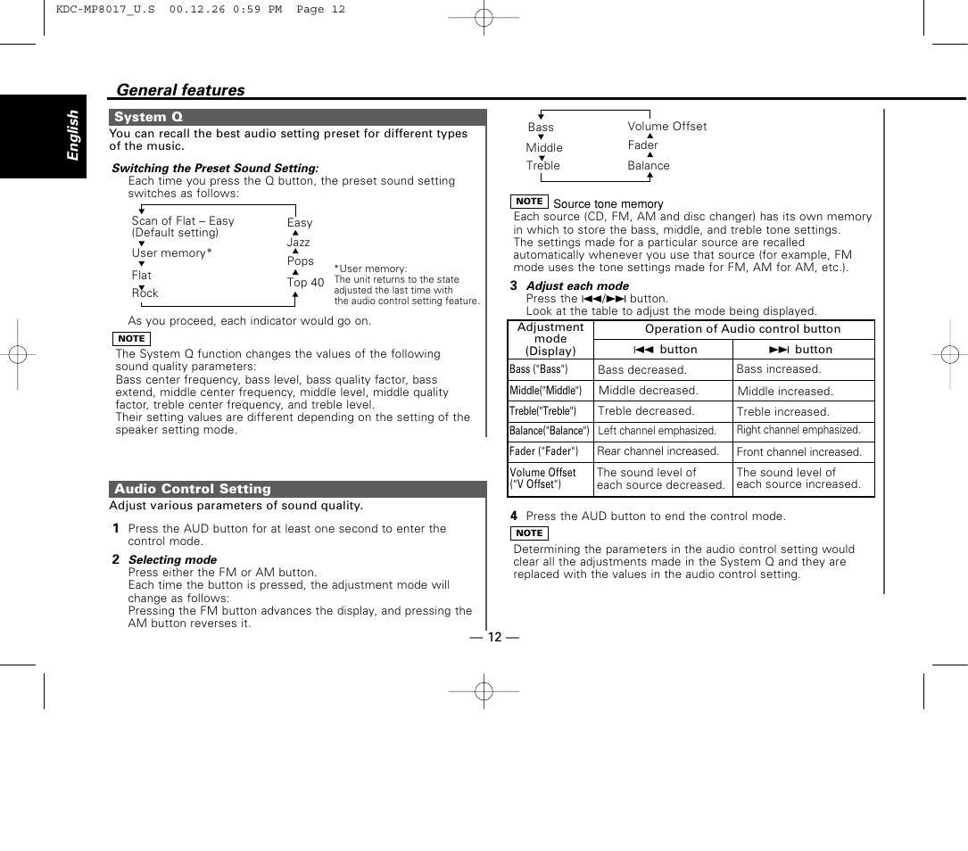 System q, Audio control setting, General features | Kenwood KDC-MP8017 User Manual | Page 12 / 41