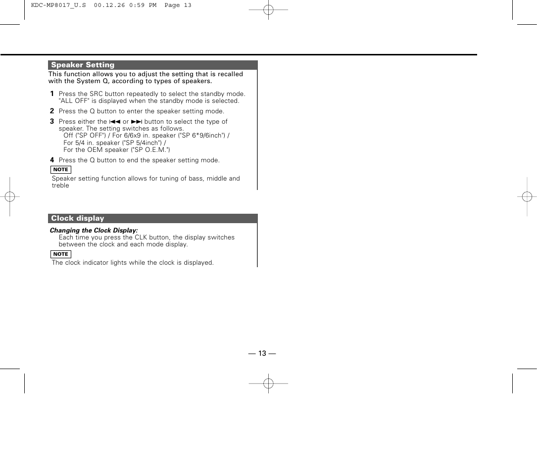 Speaker setting, Clock display | Kenwood KDC-MP8017 User Manual | Page 13 / 41