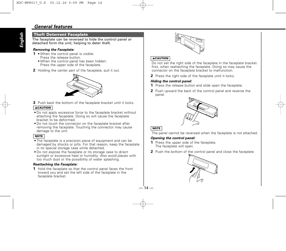 Theft deterrent faceplate, General features | Kenwood KDC-MP8017 User Manual | Page 14 / 41