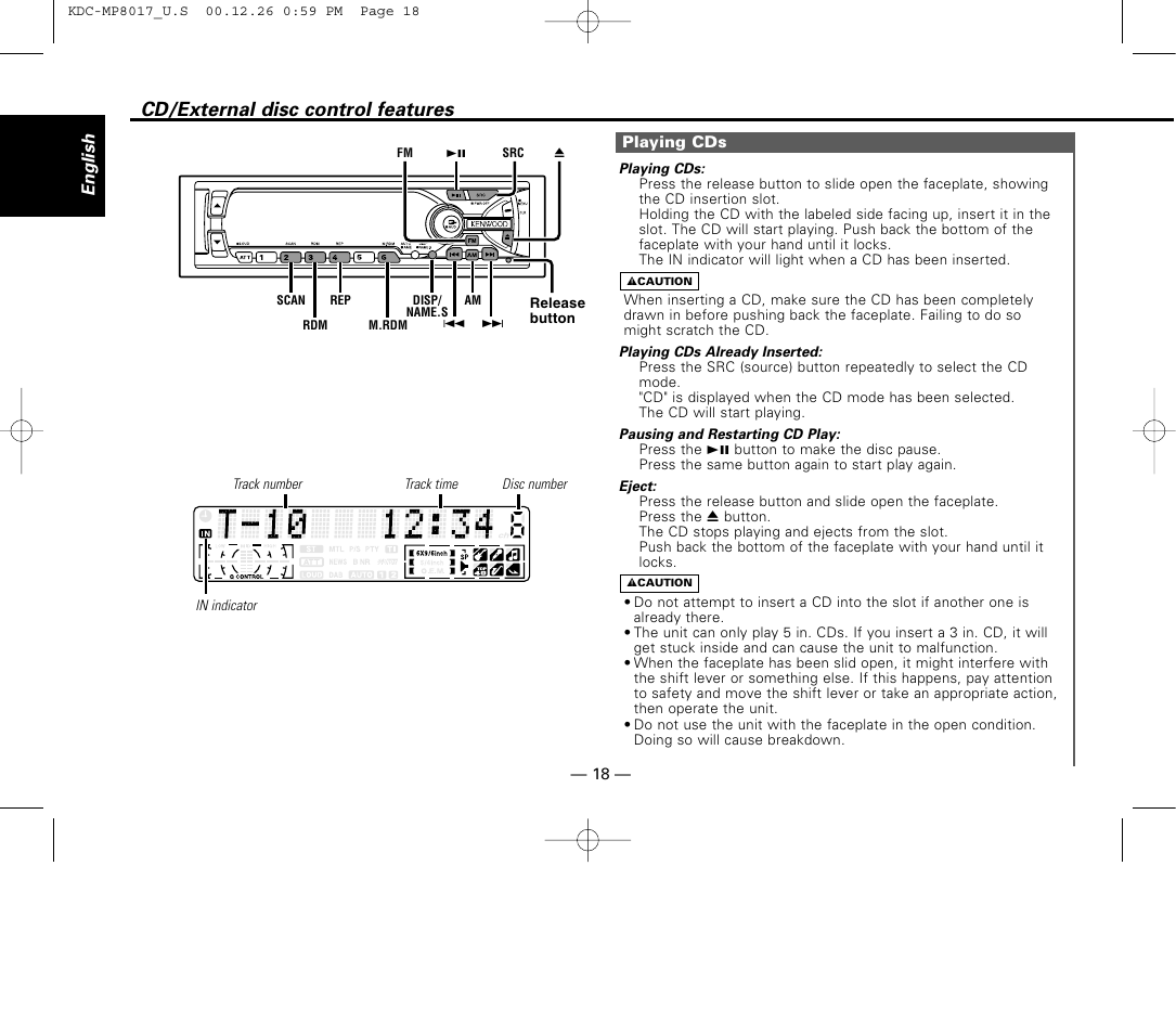 Cd/external disc control features, Playing cds | Kenwood KDC-MP8017 User Manual | Page 18 / 41