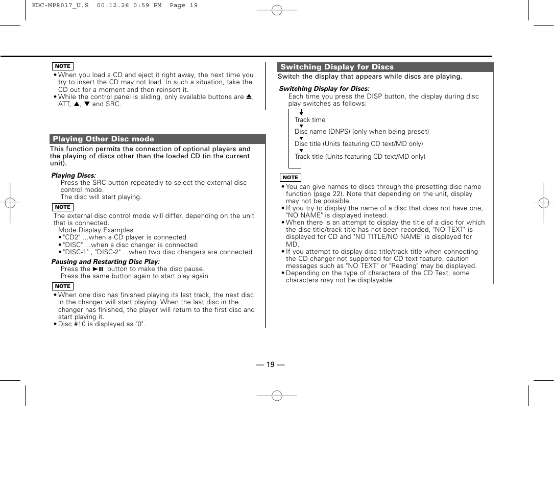 Playing other disc mode, Switching display for discs | Kenwood KDC-MP8017 User Manual | Page 19 / 41