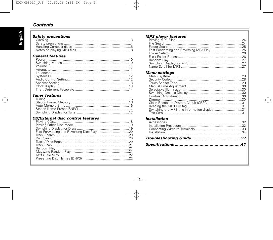 Kenwood KDC-MP8017 User Manual | Page 2 / 41