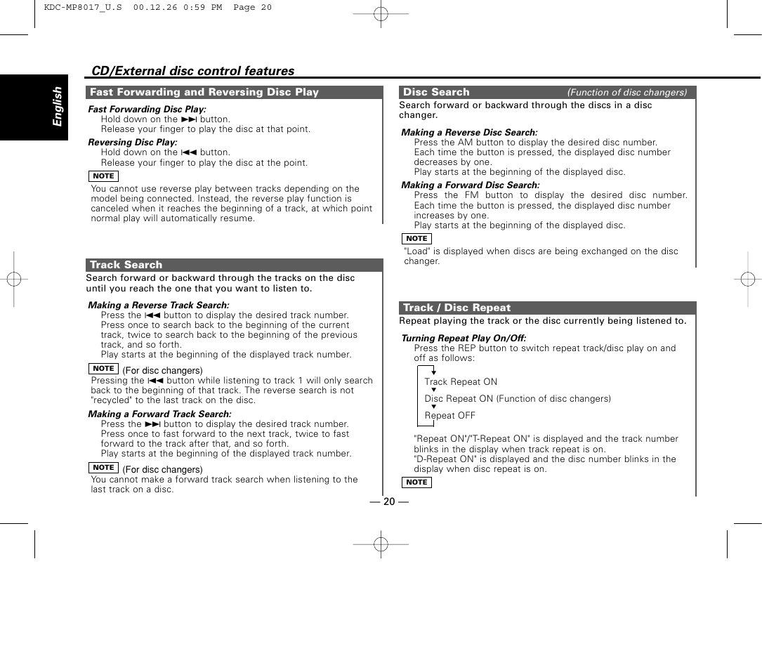 Fast forwarding and reversing disc play, Track search, Disc search | Track / disc repeat, Cd/external disc control features | Kenwood KDC-MP8017 User Manual | Page 20 / 41