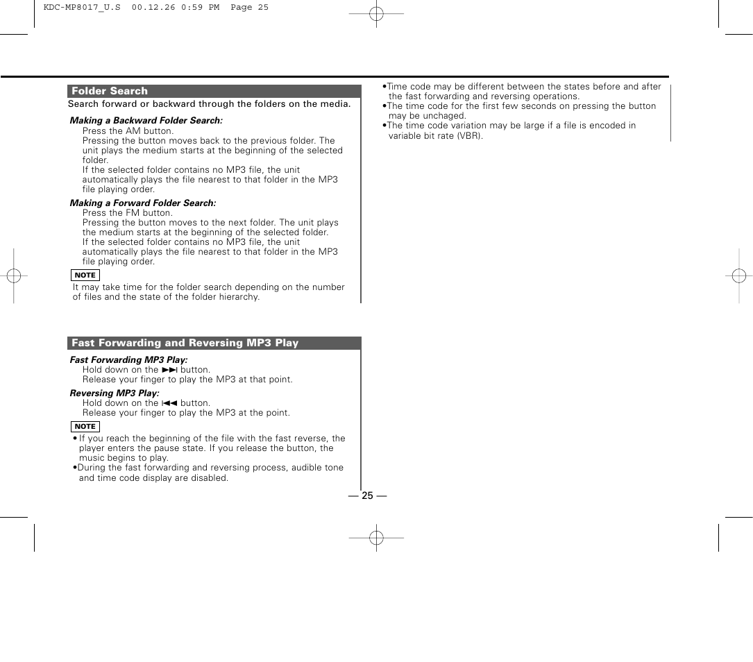 Folder search, Fast forwarding and reversing mp3 play | Kenwood KDC-MP8017 User Manual | Page 25 / 41