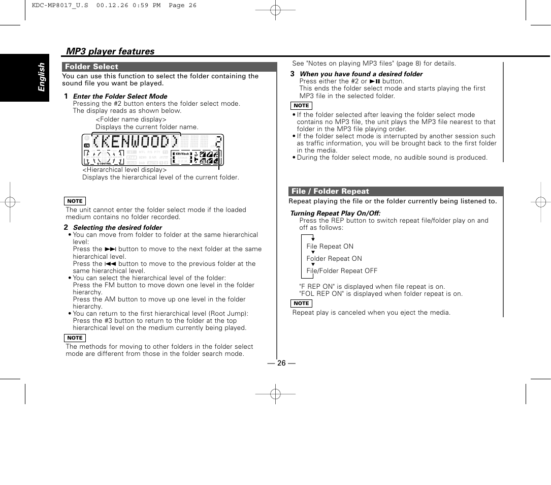 Folder select, File / folder repeat, Kenwood) | Mp3 player features | Kenwood KDC-MP8017 User Manual | Page 26 / 41