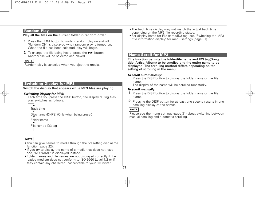 Random play, Switching display for mp3, Name scroll for mp3 | Kenwood KDC-MP8017 User Manual | Page 27 / 41