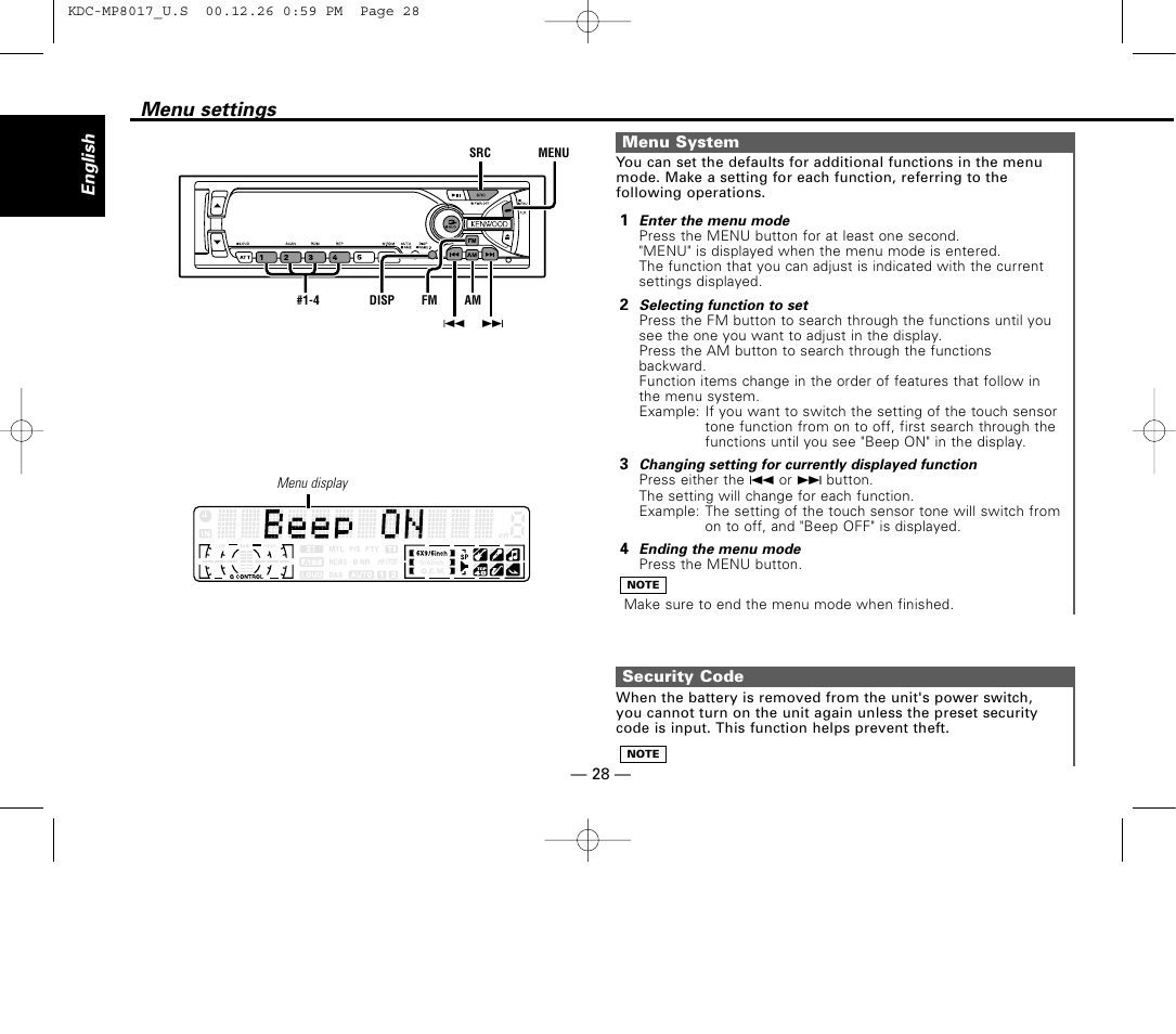 Menu settings, Menu system, Security code | Kenwood KDC-MP8017 User Manual | Page 28 / 41