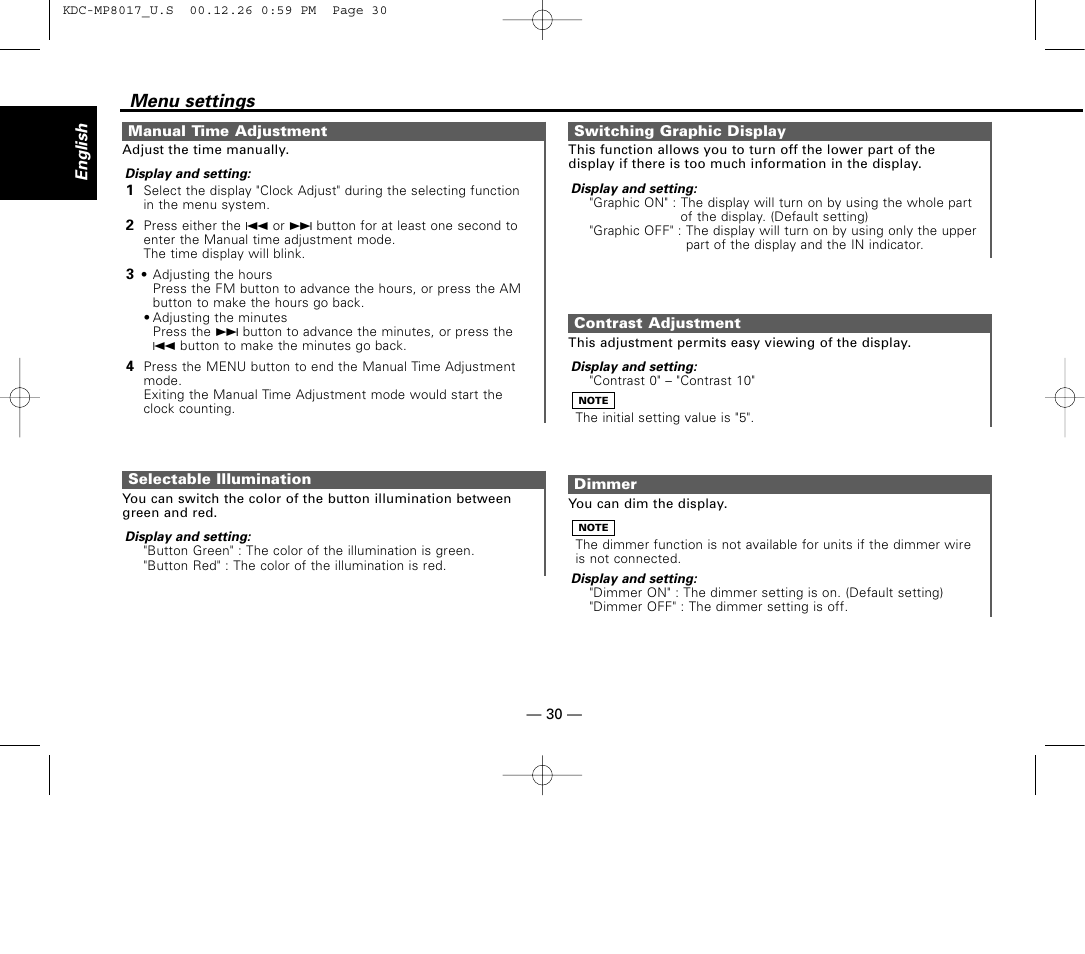 Manual time adjustment, Selectable illumination, Switching graphic display | Contrast adjustment, Dimmer, Menu settings | Kenwood KDC-MP8017 User Manual | Page 30 / 41