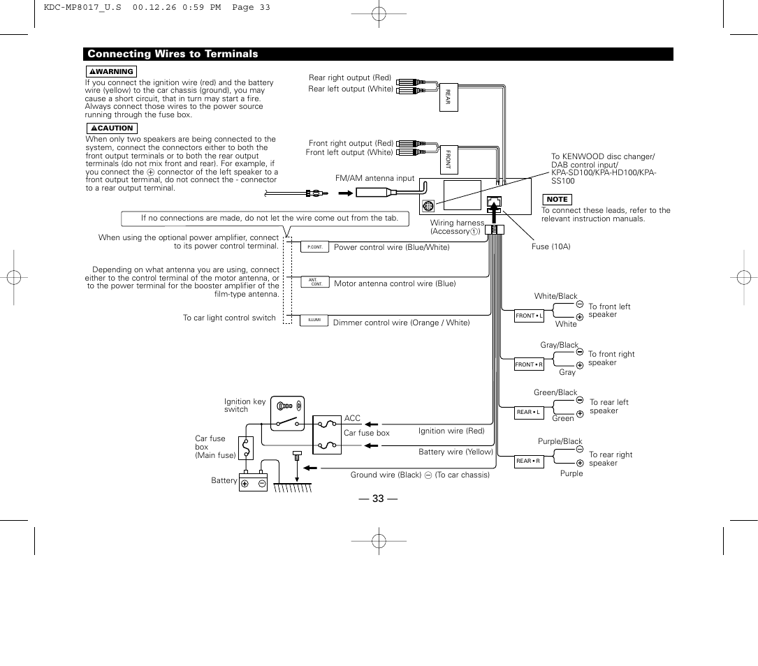 Connecting wires to terminals, 33 — connecting wires to terminals | Kenwood KDC-MP8017 User Manual | Page 33 / 41