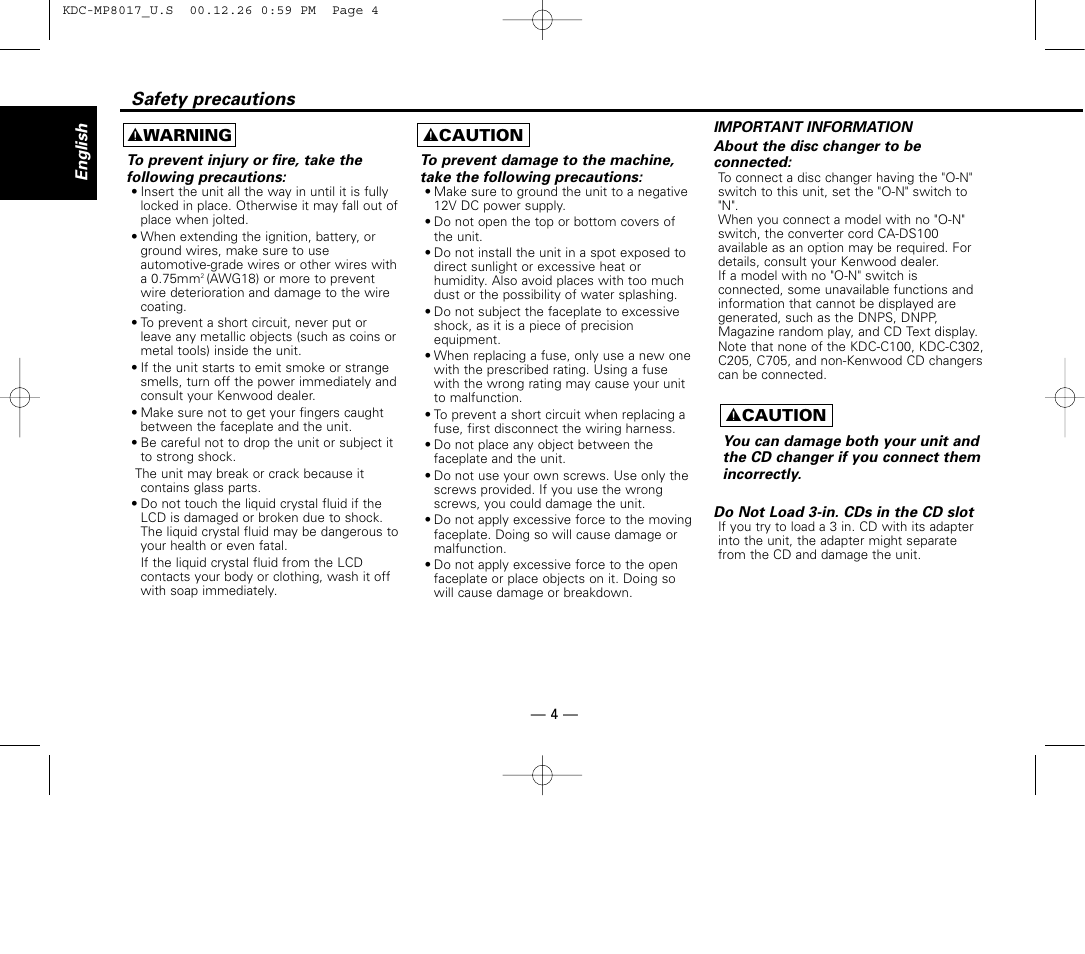 Safety precautions | Kenwood KDC-MP8017 User Manual | Page 4 / 41