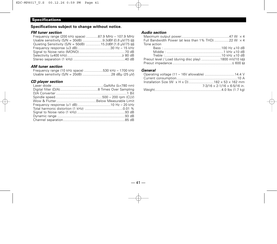 Specifications | Kenwood KDC-MP8017 User Manual | Page 41 / 41