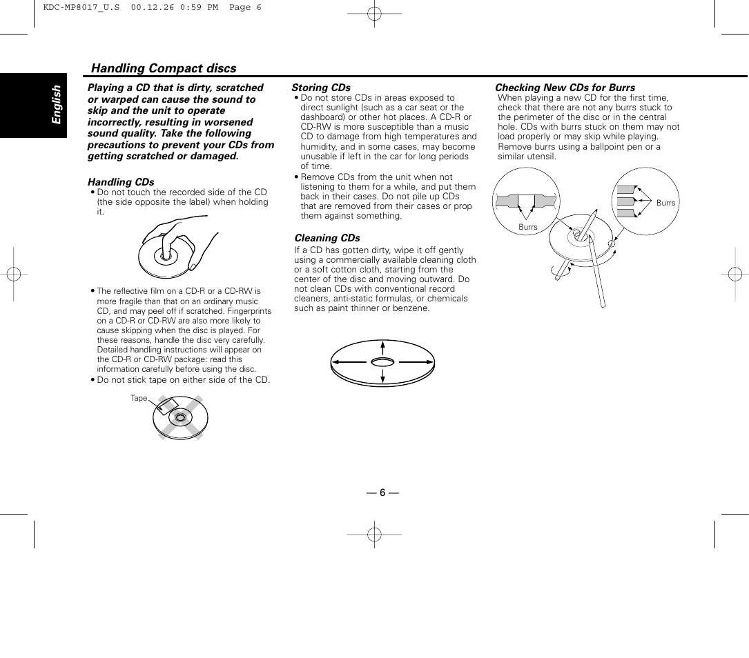 Handling compact discs | Kenwood KDC-MP8017 User Manual | Page 6 / 41