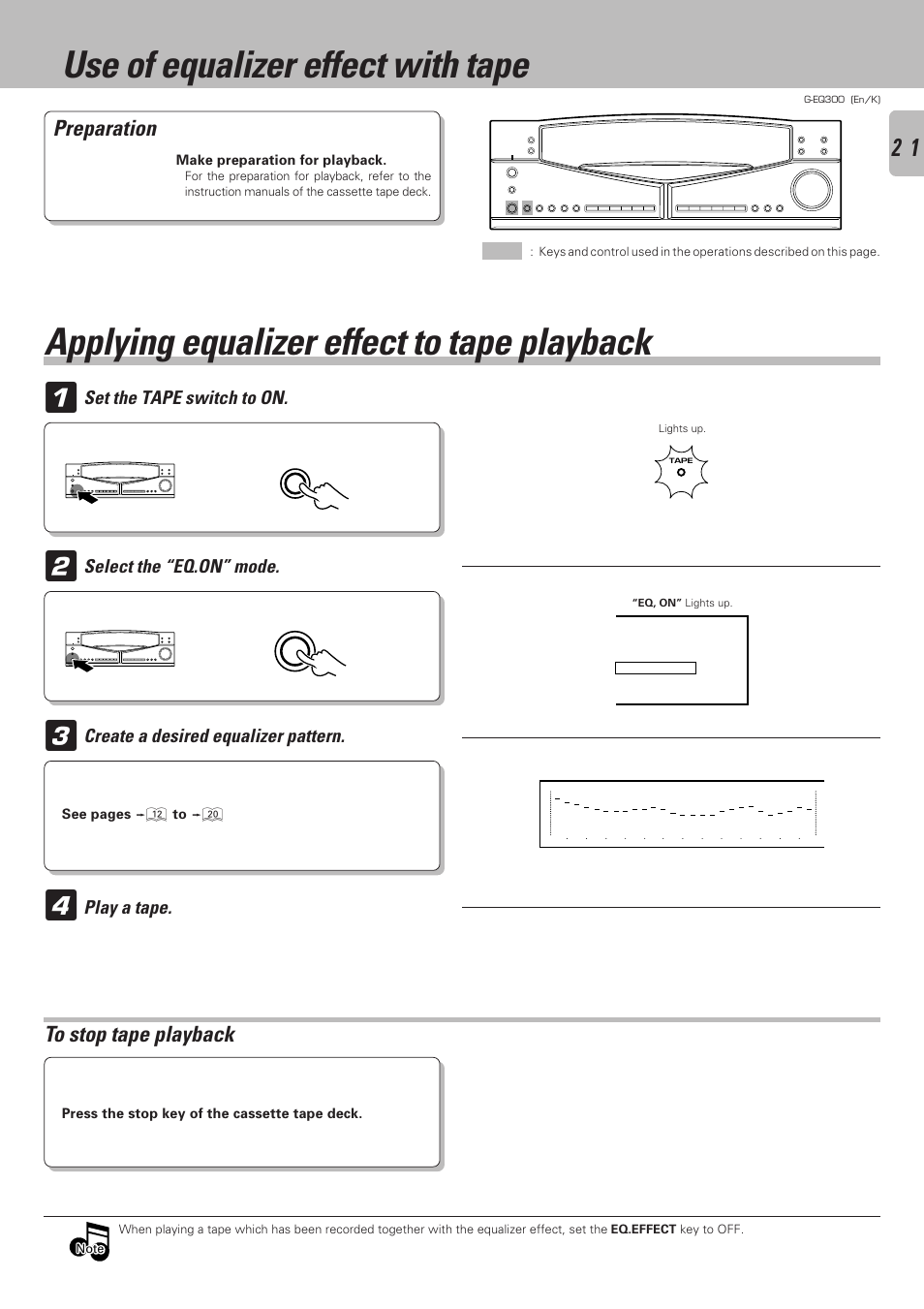 Use of equalizer effect with tape, Applying equalizer effect to tape playback, Preparation | Set the tape switch to on, Select the “eq.on” mode, Create a desired equalizer pattern, Play a tape | Kenwood G-EQ300 User Manual | Page 21 / 28