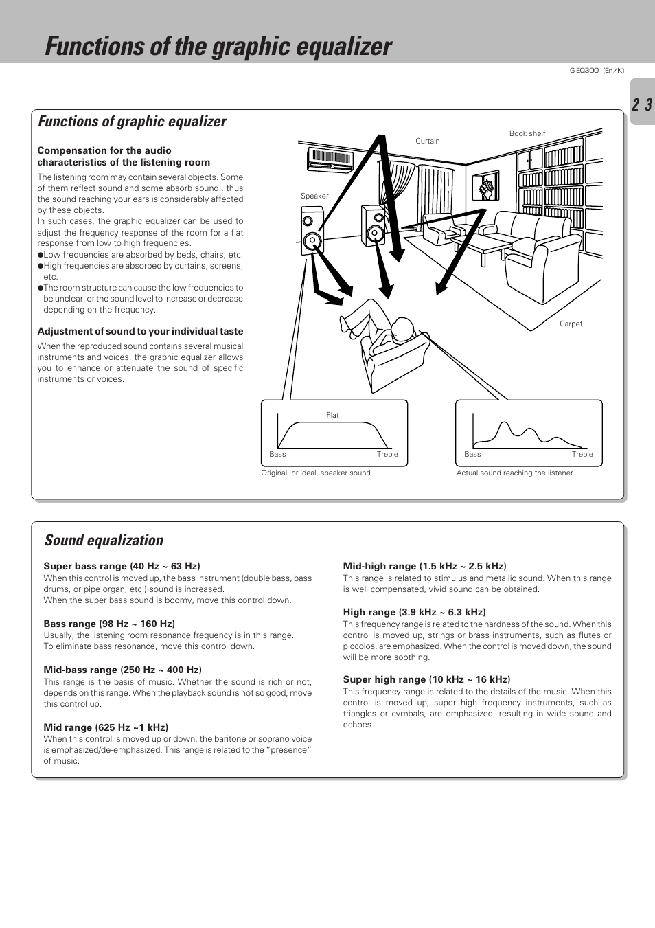 Functions of the graphic equalizer, Functions of graphic equalizer, Sound equalization | Kenwood G-EQ300 User Manual | Page 23 / 28