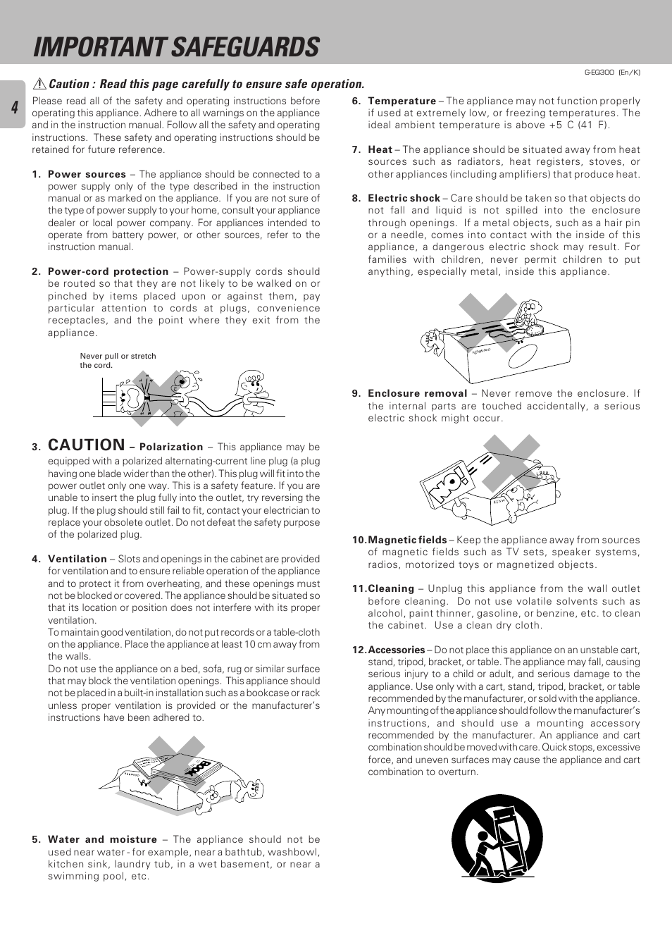 Important safeguards, Caution | Kenwood G-EQ300 User Manual | Page 4 / 28
