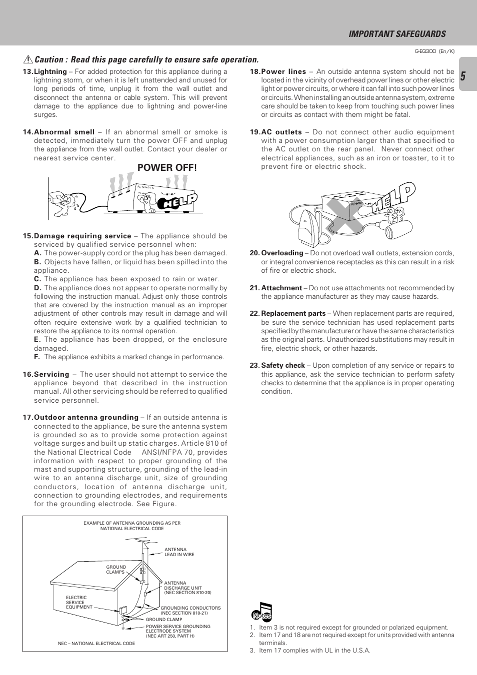 Power off, Important safeguards | Kenwood G-EQ300 User Manual | Page 5 / 28