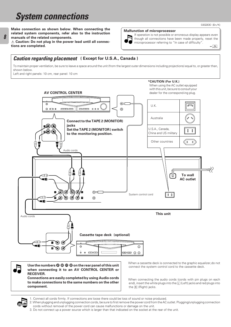 System connections, Caution regarding placement, Except for u.s.a., canada ) | Malfunction of microprocessor, Cassette tape deck (optional) | Kenwood G-EQ300 User Manual | Page 8 / 28
