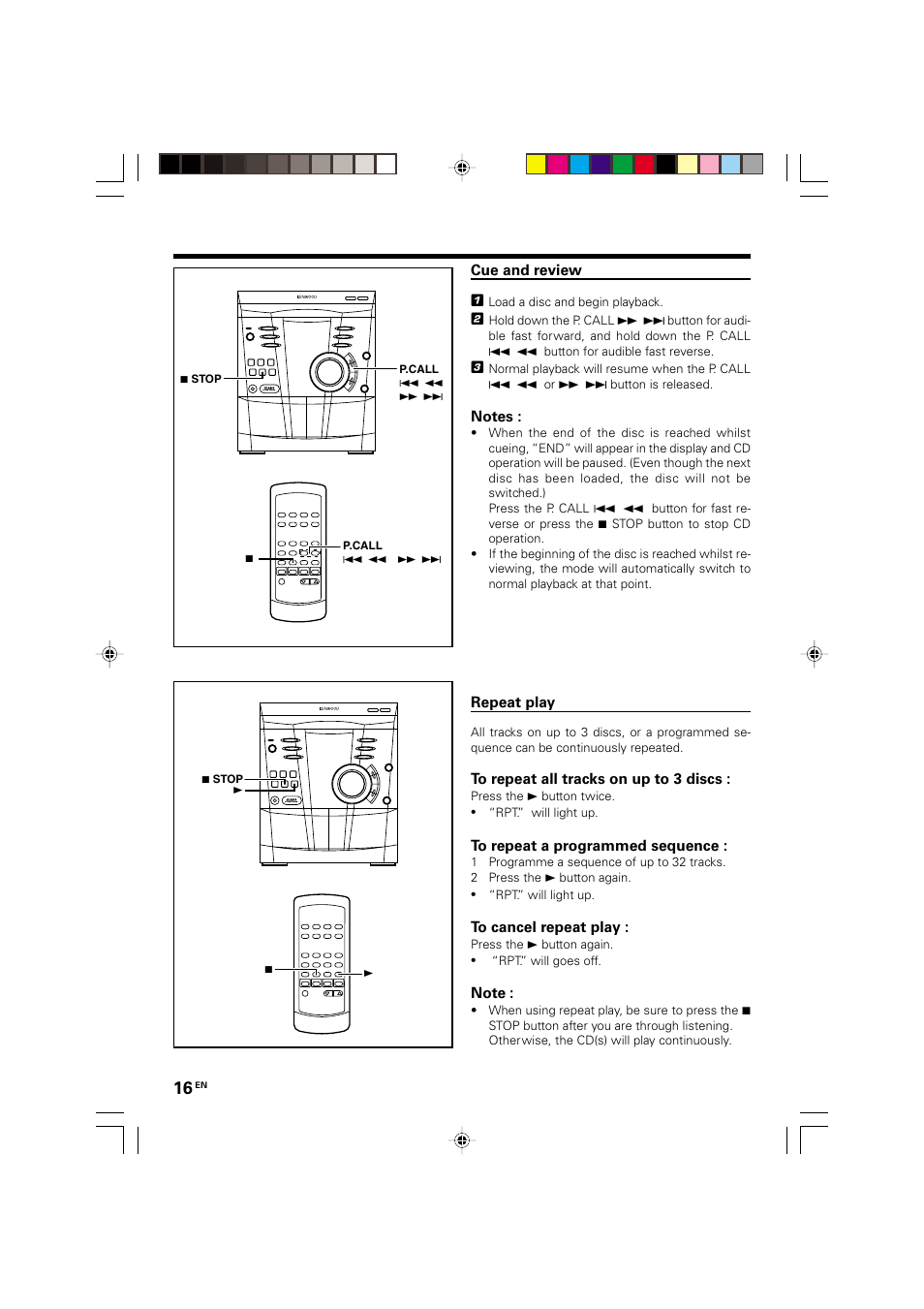 Cue and review, Repeat play | Kenwood XD-A75 XD-A55 User Manual | Page 16 / 32