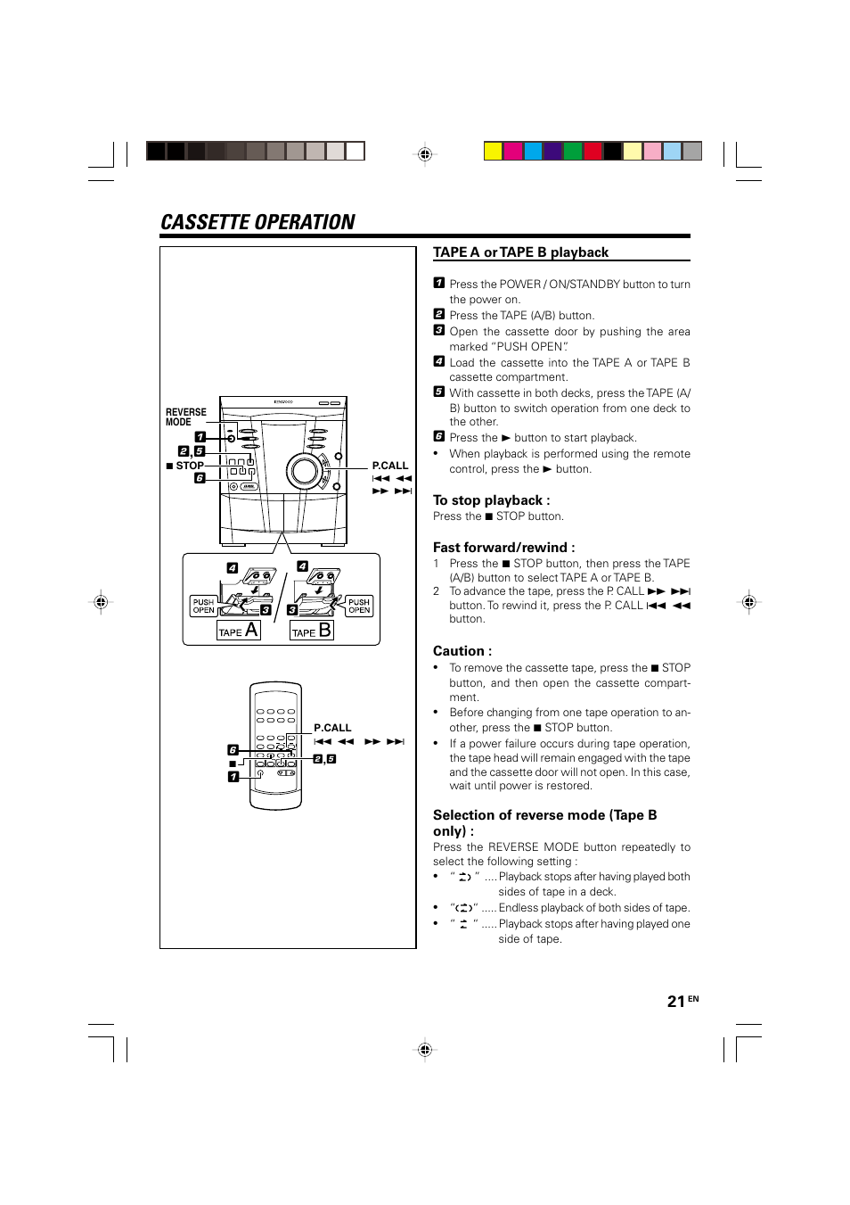 Cassette operation, Tape a or tape b playback | Kenwood XD-A75 XD-A55 User Manual | Page 21 / 32