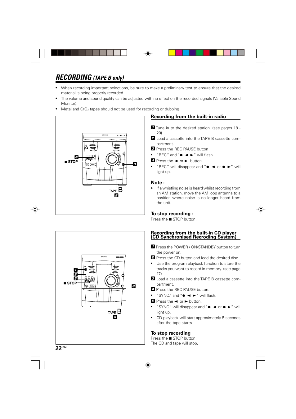 Recording (tape b only), Recording from the built-in radio, Recording | Tape b only) | Kenwood XD-A75 XD-A55 User Manual | Page 22 / 32