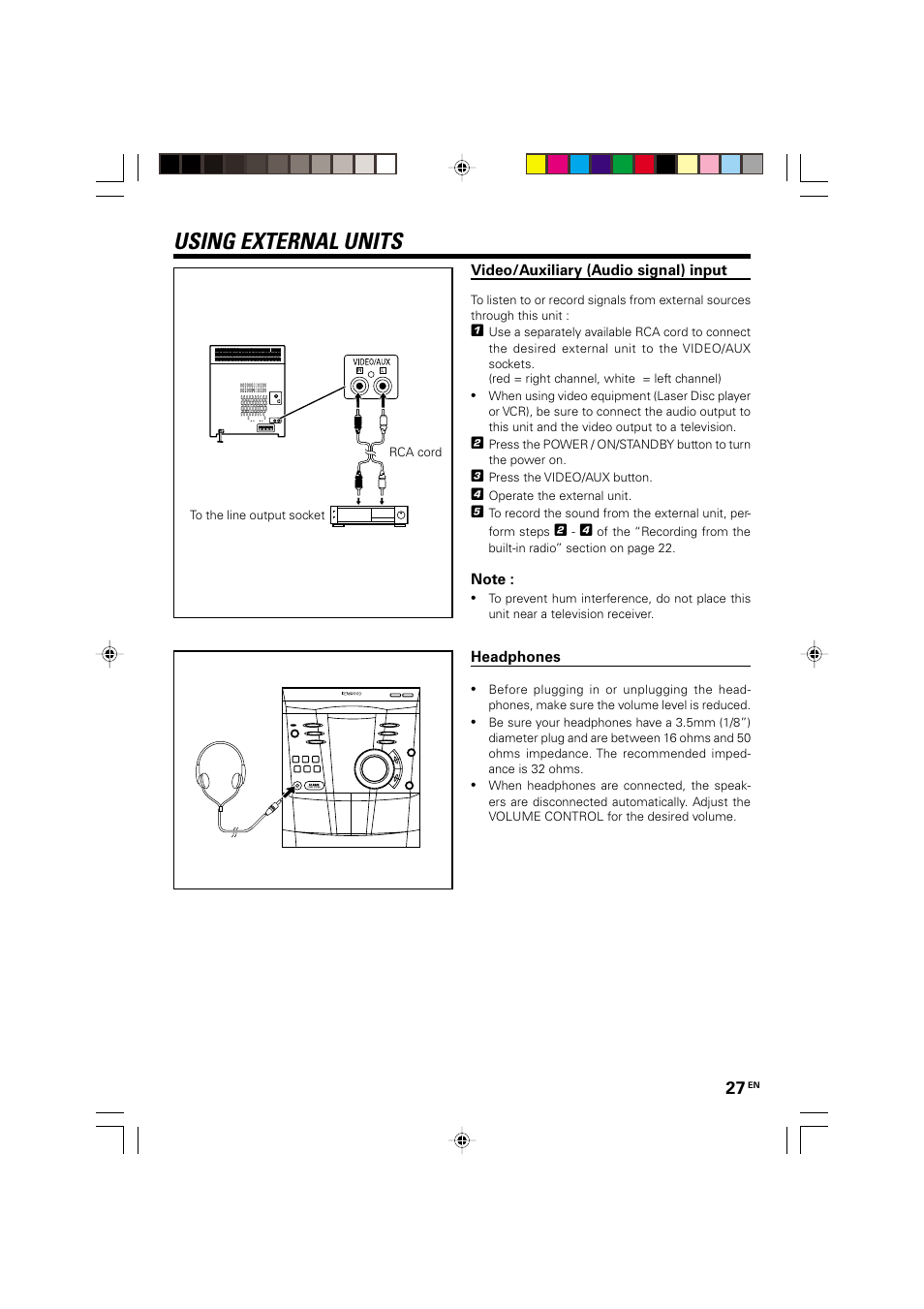 Using external units, Video/auxiliary (audio signal) input, Headphones | Kenwood XD-A75 XD-A55 User Manual | Page 27 / 32