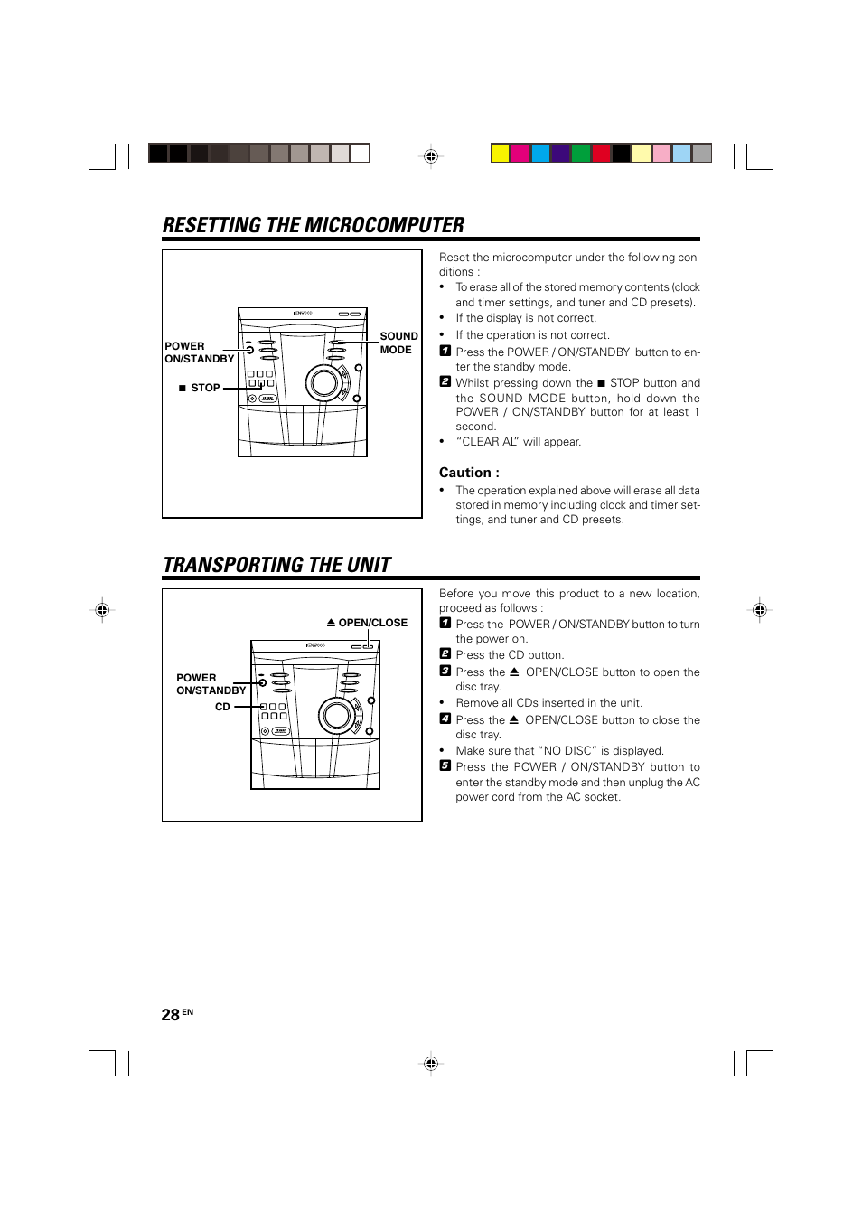 Resetting the microcomputer, Transporting the unit | Kenwood XD-A75 XD-A55 User Manual | Page 28 / 32