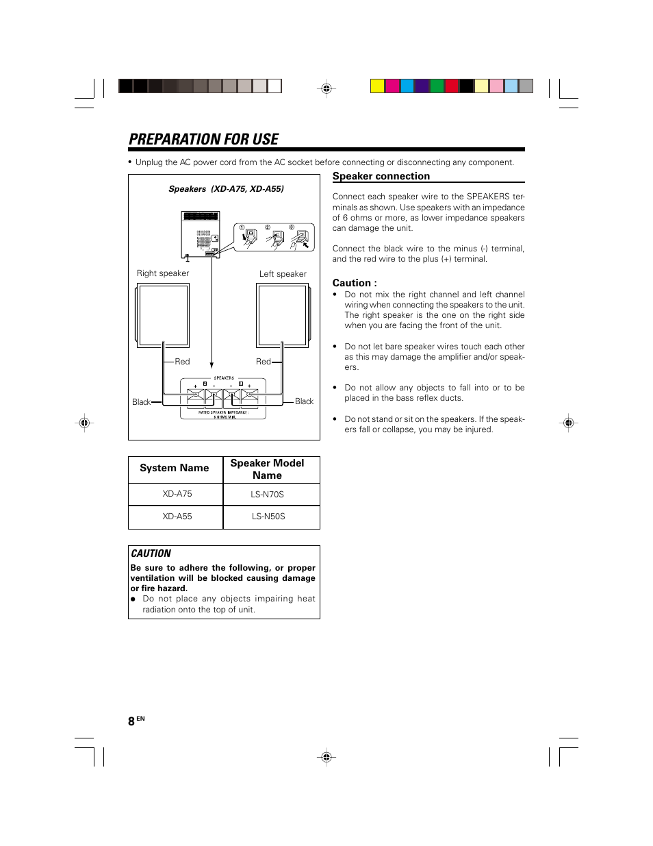 Preparation for use, Speaker connection | Kenwood XD-A75 XD-A55 User Manual | Page 8 / 32