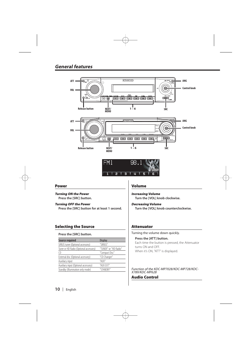 General features, Power, Selecting the source | Volume, Attenuator, Audio control | Kenwood KDC-MP628 User Manual | Page 10 / 64
