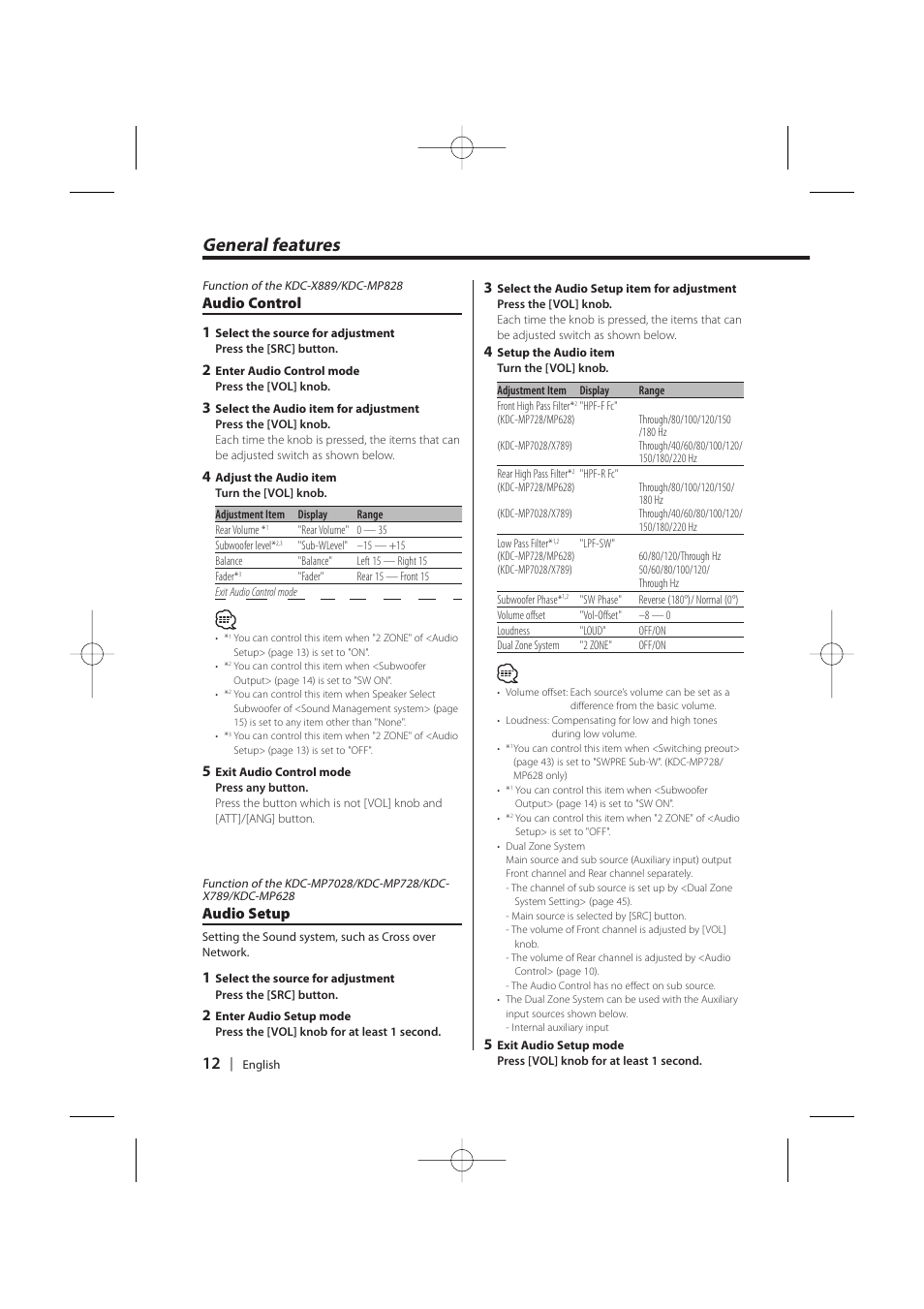 General features, Audio control 1, Audio setup | Kenwood KDC-MP628 User Manual | Page 12 / 64