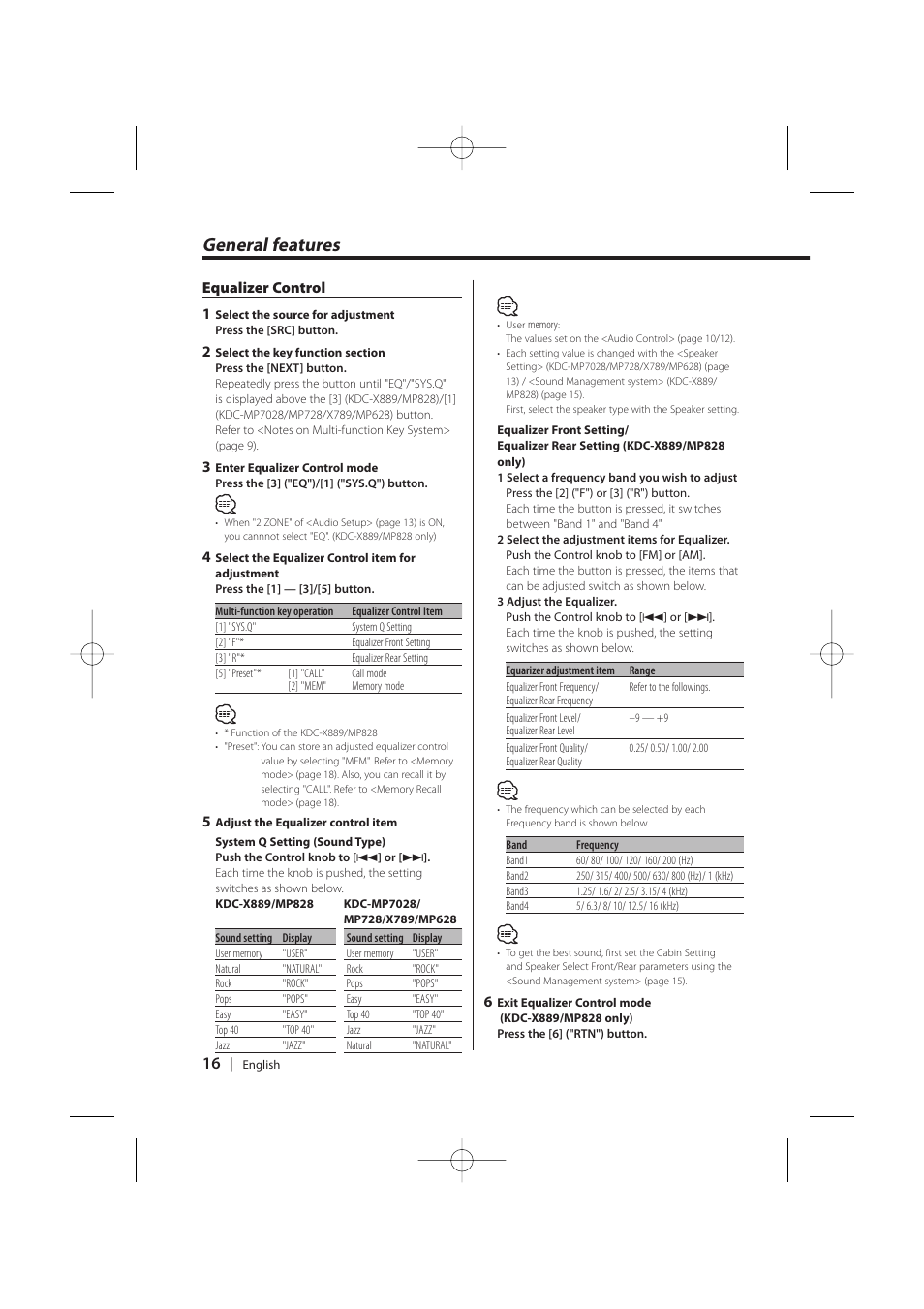 General features, Equalizer control 1 | Kenwood KDC-MP628 User Manual | Page 16 / 64