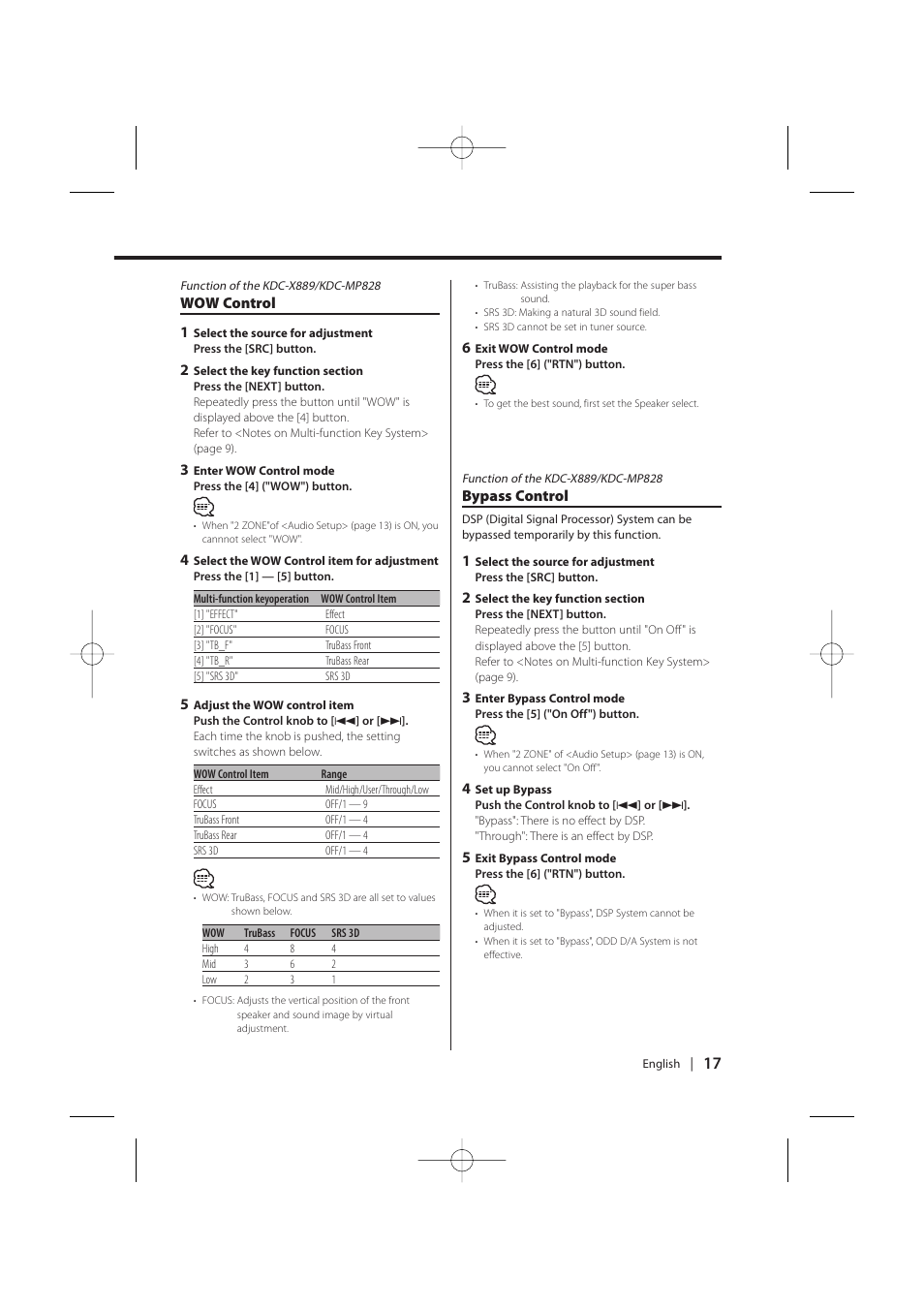 Wow control 1, Bypass control | Kenwood KDC-MP628 User Manual | Page 17 / 64