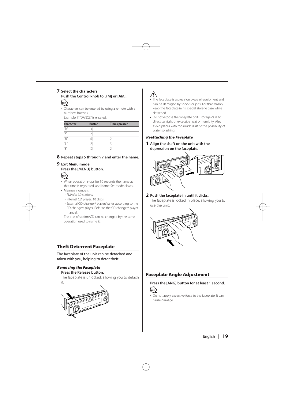 Theft deterrent faceplate, Faceplate angle adjustment | Kenwood KDC-MP628 User Manual | Page 19 / 64