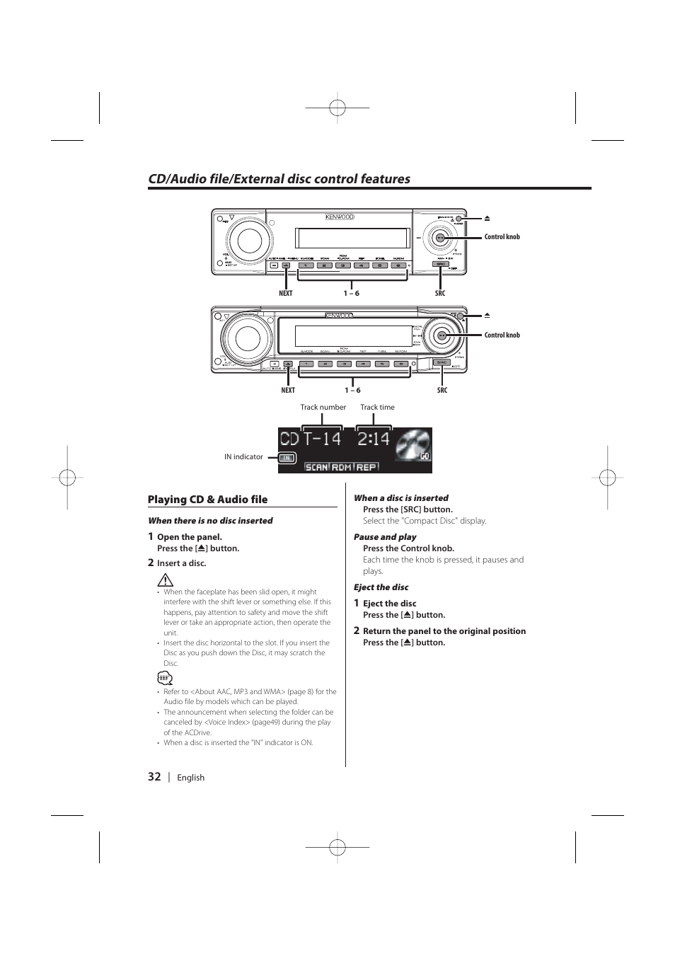 Cd/audio file/external disc control features | Kenwood KDC-MP628 User Manual | Page 32 / 64